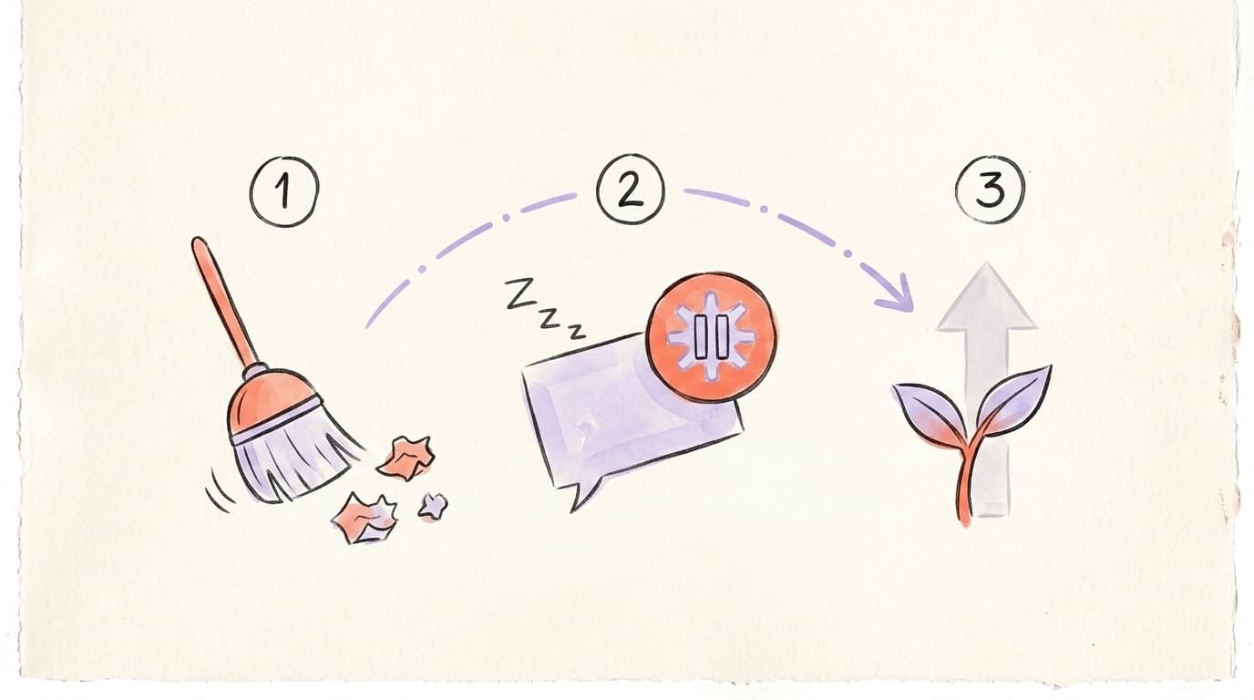 Three hand-drawn stages: a broom sweeping scraps, a paused sleeping post, and a sprout growing upward — the clean-up, freeze, warm-up recovery sequence