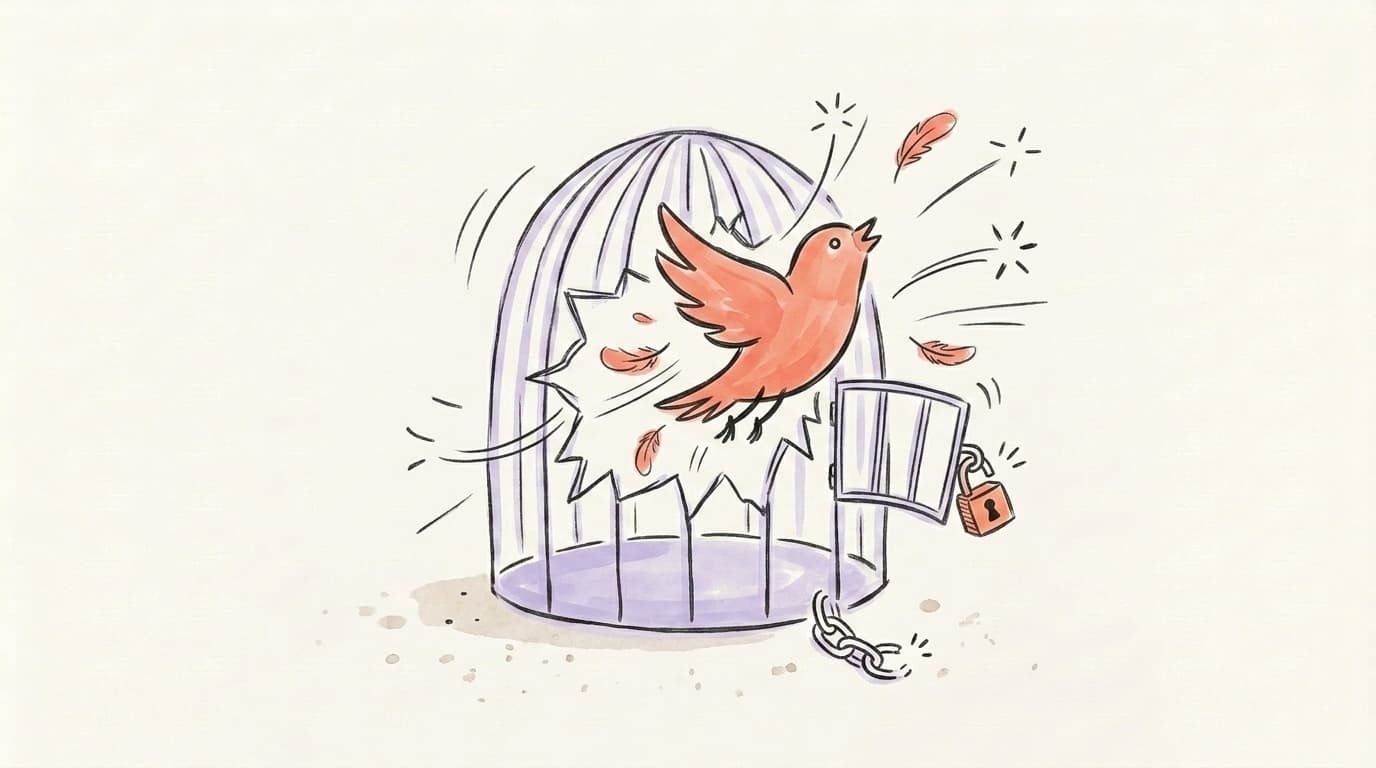 The X bird breaking out of a cage on a suspended account screen