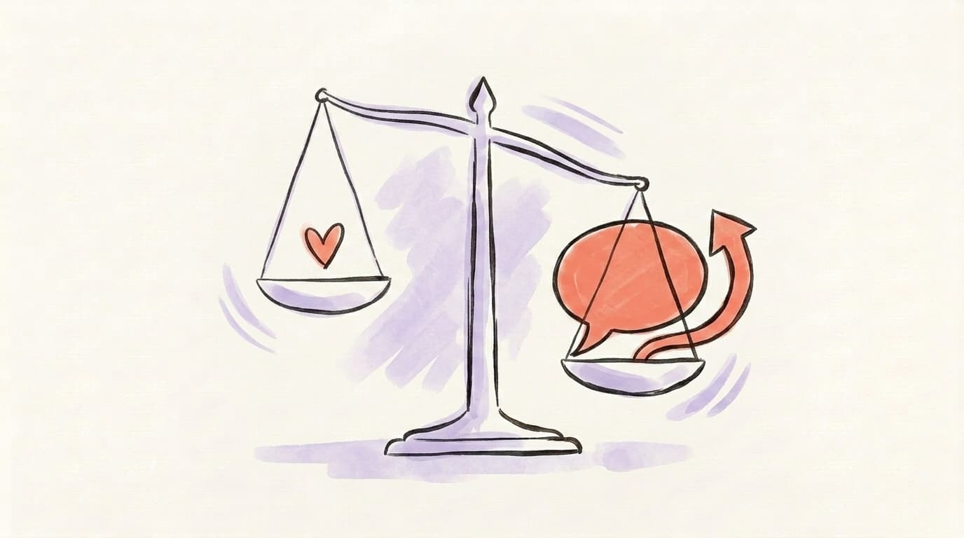 A scale tipping heavily toward a reply bubble over a like heart