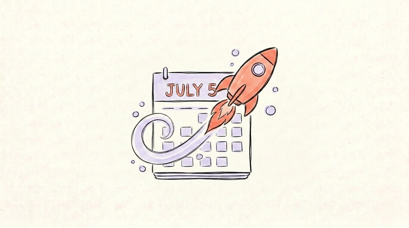 A hand-drawn calendar page showing the date July 5 with a salmon-coral rocket launching off of it, leaving a curly lavender trail — representing the launch of Threads
