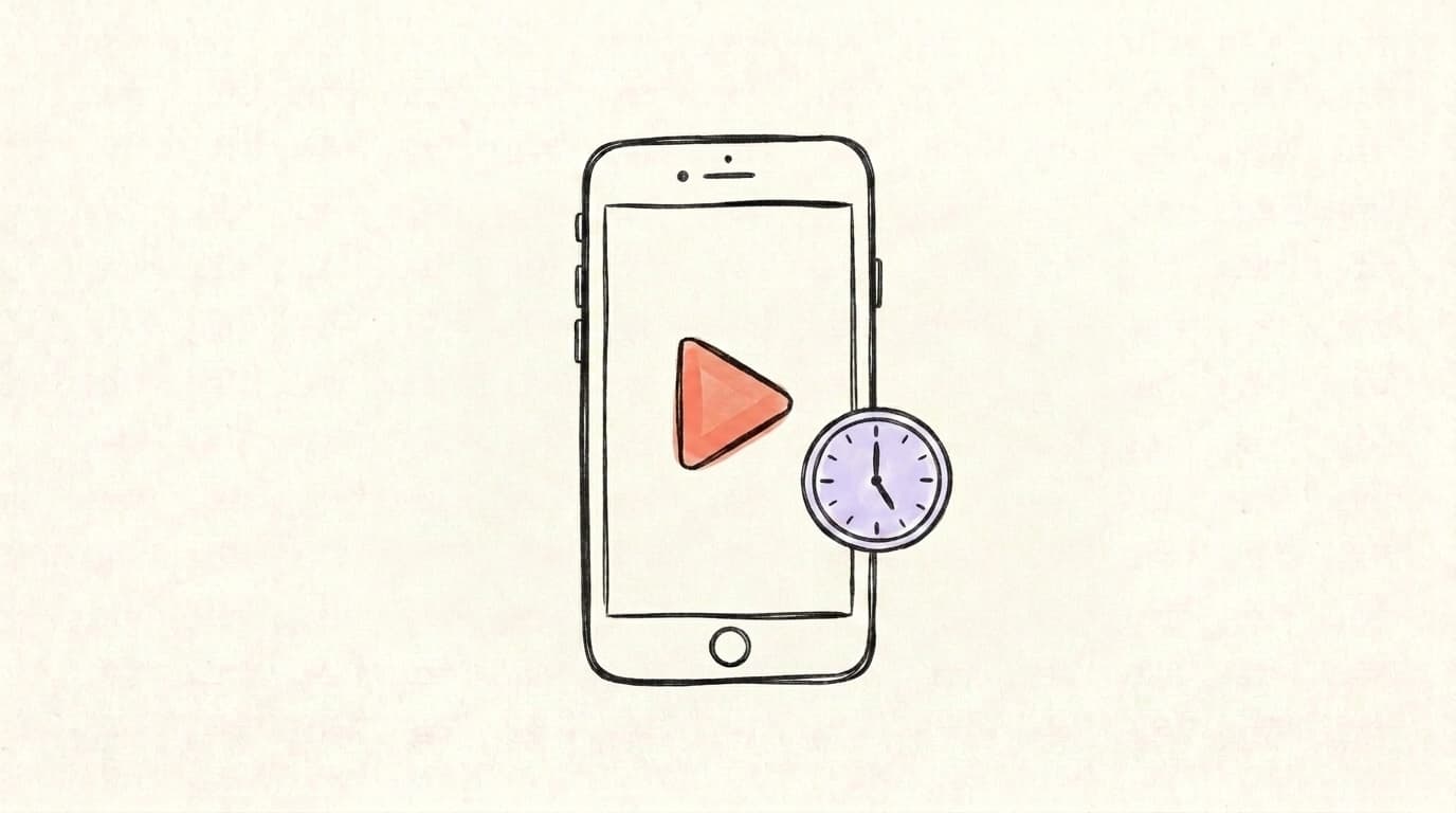A hand-drawn smartphone with a salmon-coral play arrow on the screen and a lavender clock face beside it, representing how quickly you can start posting on Threads