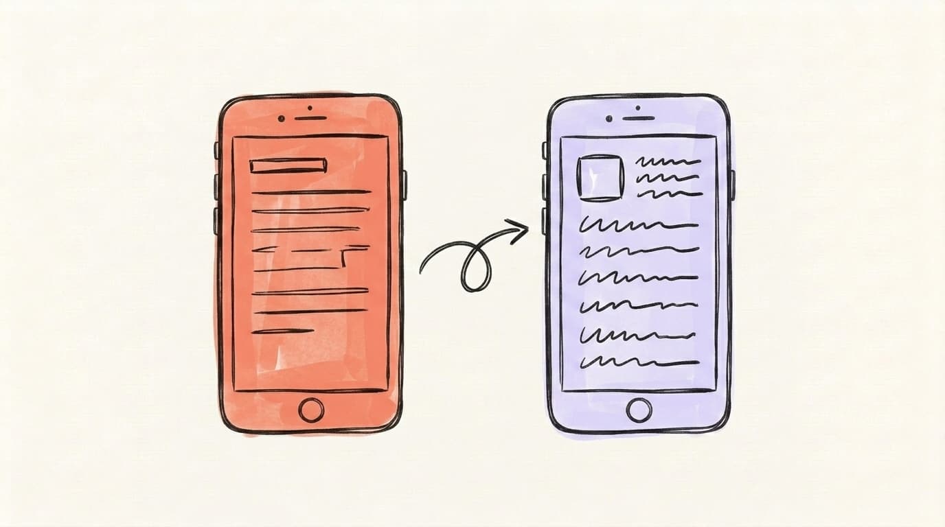 Two hand-drawn smartphones side by side — one salmon-coral with text lines, one lavender with an image and text — representing Threads' comparison to other platforms