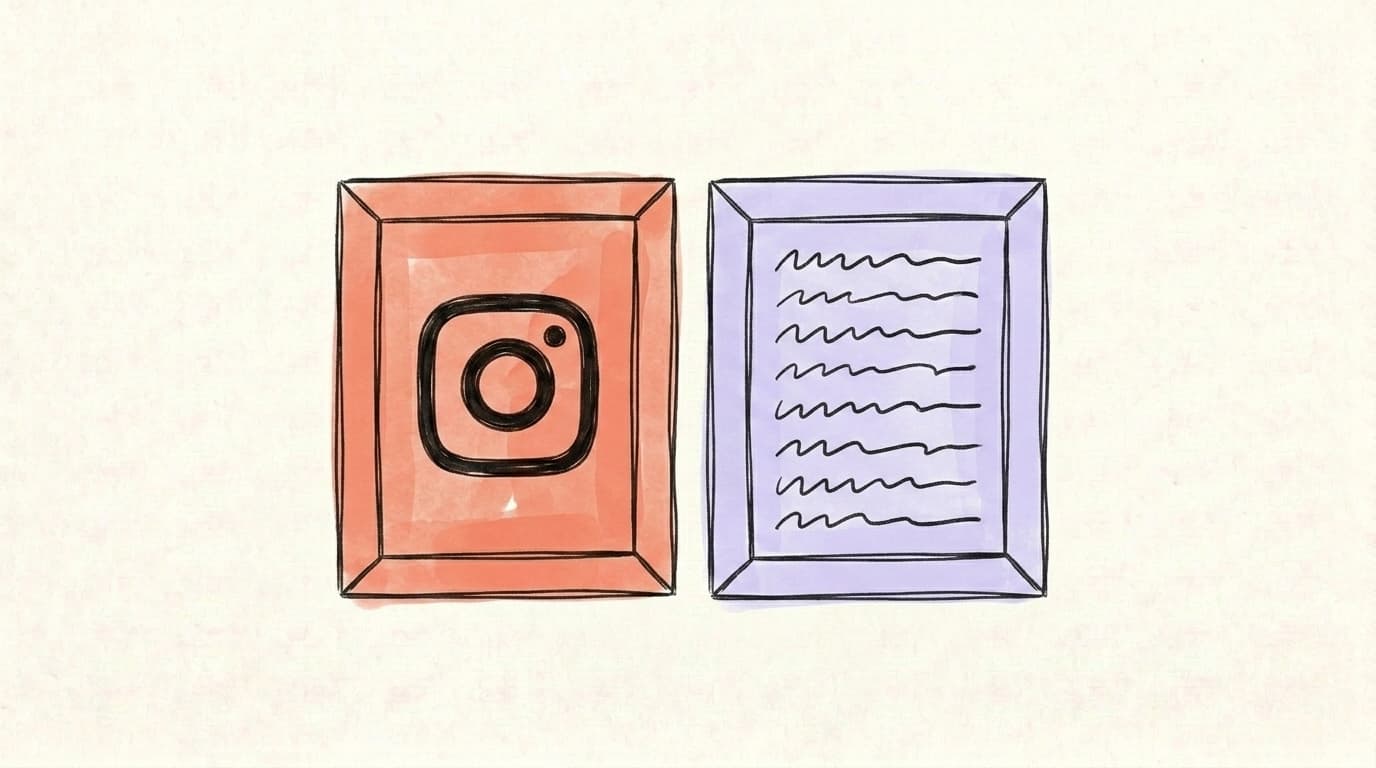 Two hand-drawn picture frames side by side — a salmon-coral frame holding a camera icon and a lavender frame filled with wavy text lines — representing Instagram's photo focus versus Threads' text focus