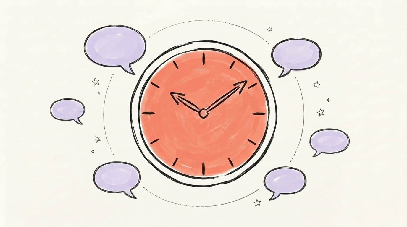 A hand-drawn clock surrounded by small post bubbles suggesting rhythm and cadence