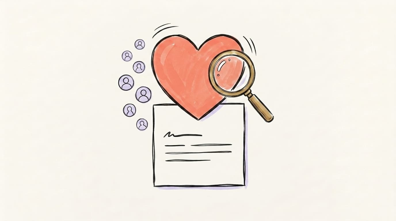 Hand-drawn illustration of a heart icon with a magnifying glass over a Threads-style post card and a list of profile avatars