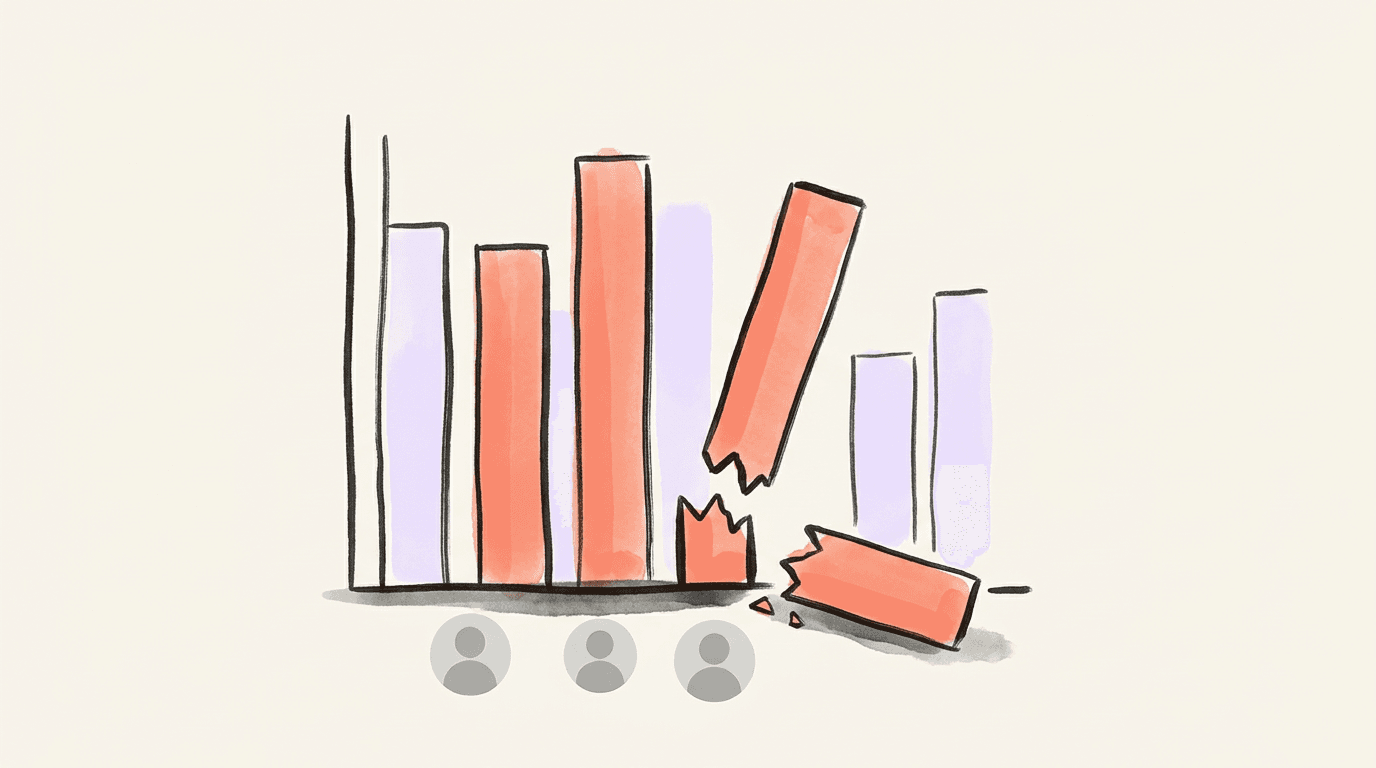 A coral and lavender bar chart with one bar snapped in two, the broken pieces on the ground beside three plain grey avatar circles