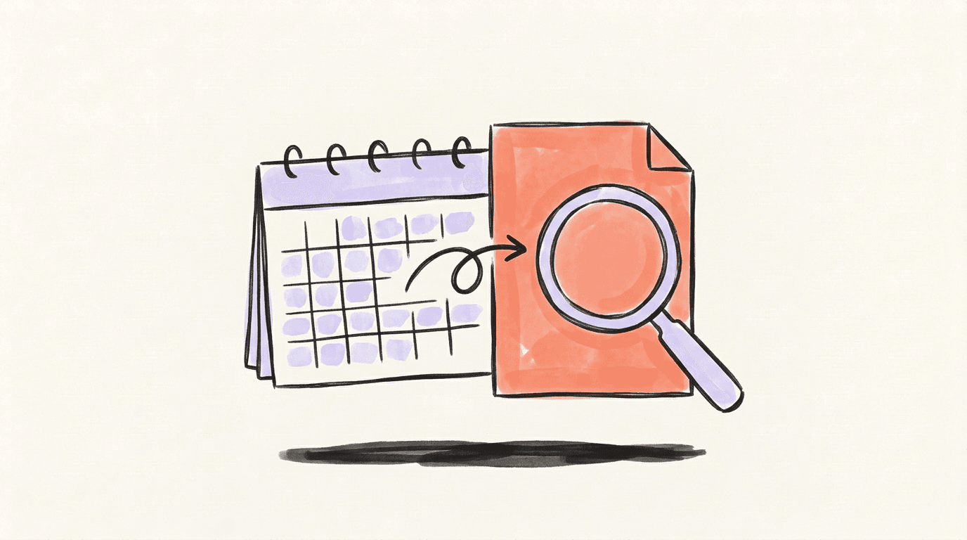 A spiral desk calendar with a curved arrow running to a coral document sheet, a lavender magnifying glass held over it