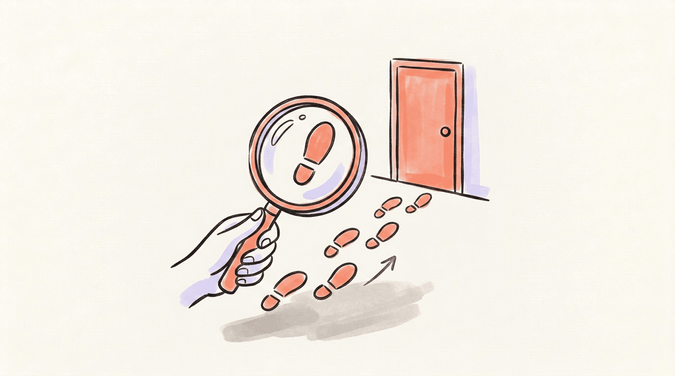 A hand holding a magnifying glass over a trail of identical footprints leading to a closed door