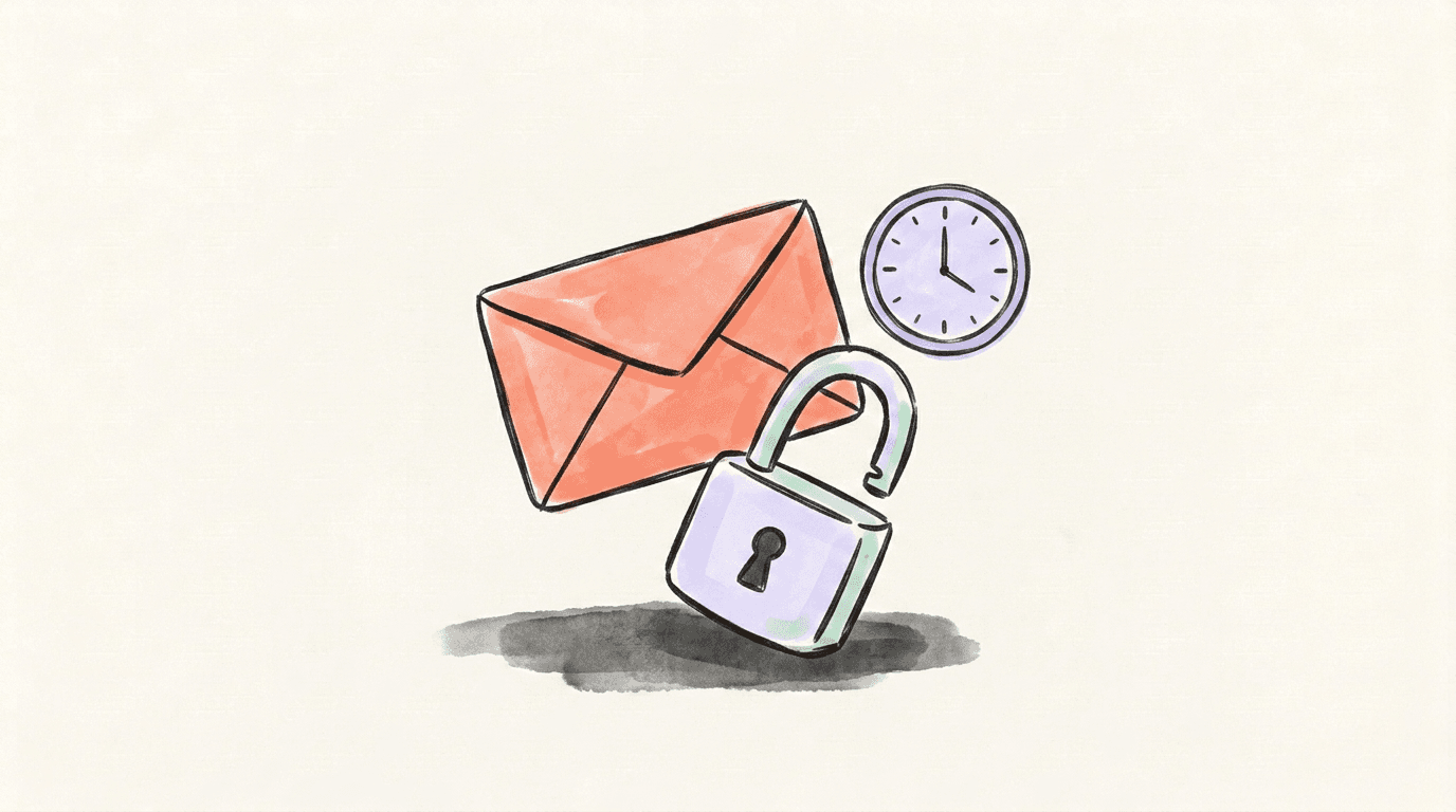 A sealed envelope with an open padlock in front of it and a clock face beside it