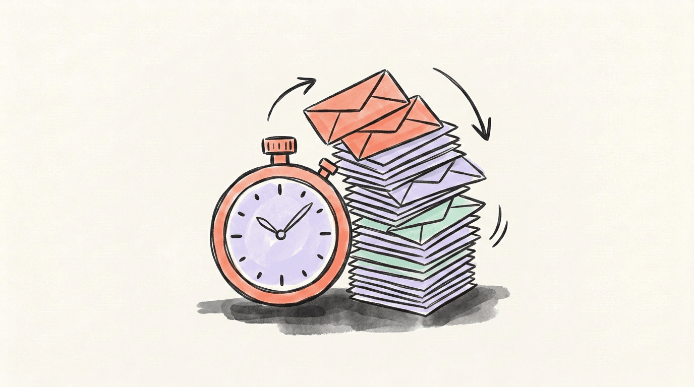 A stopwatch beside a tall, tipping stack of identical envelopes
