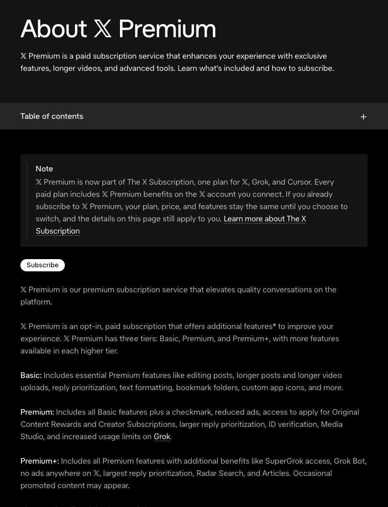 X Help Center page About X Premium with a note that X Premium is now part of The X Subscription, followed by the Basic, Premium, and Premium+ tier descriptions