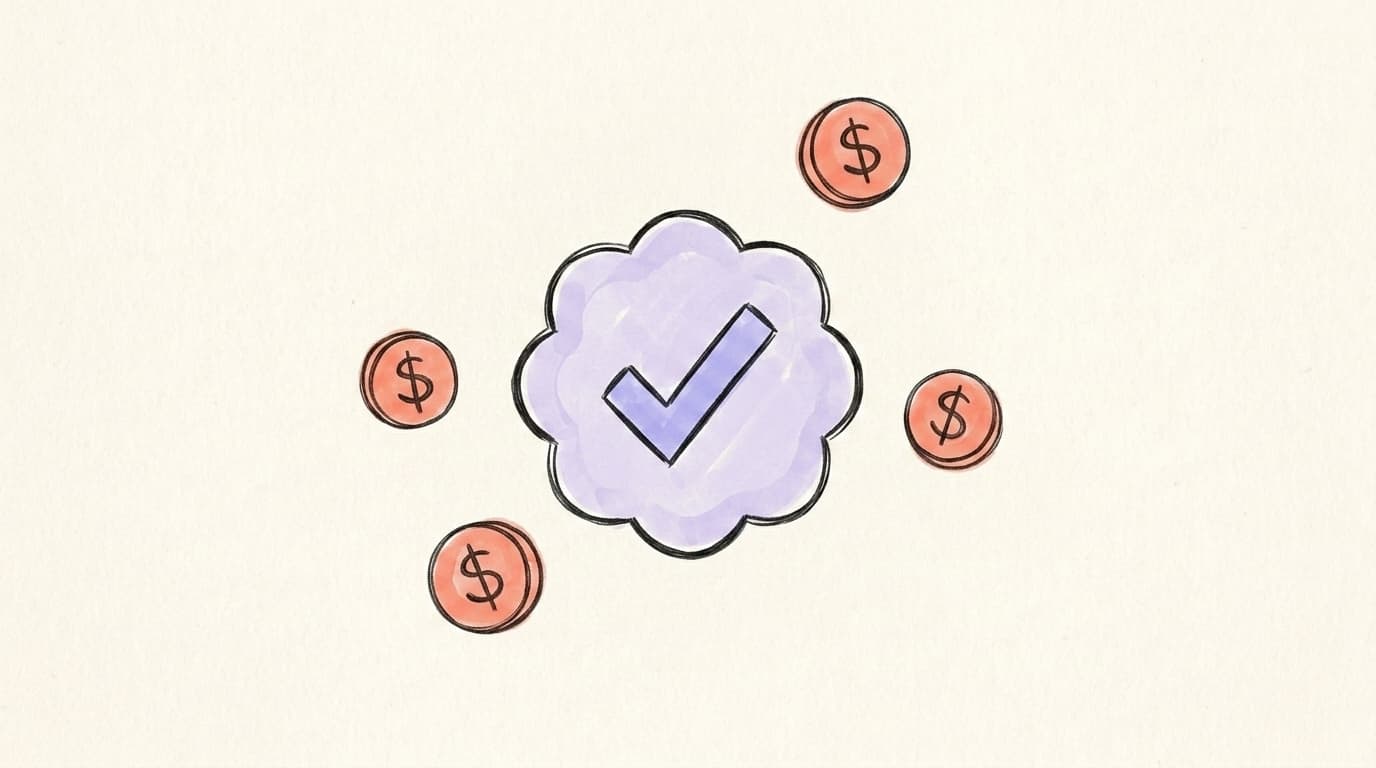 A hand-drawn verified checkmark badge surrounded by floating dollar coins, representing the X Premium subscription and creator payouts