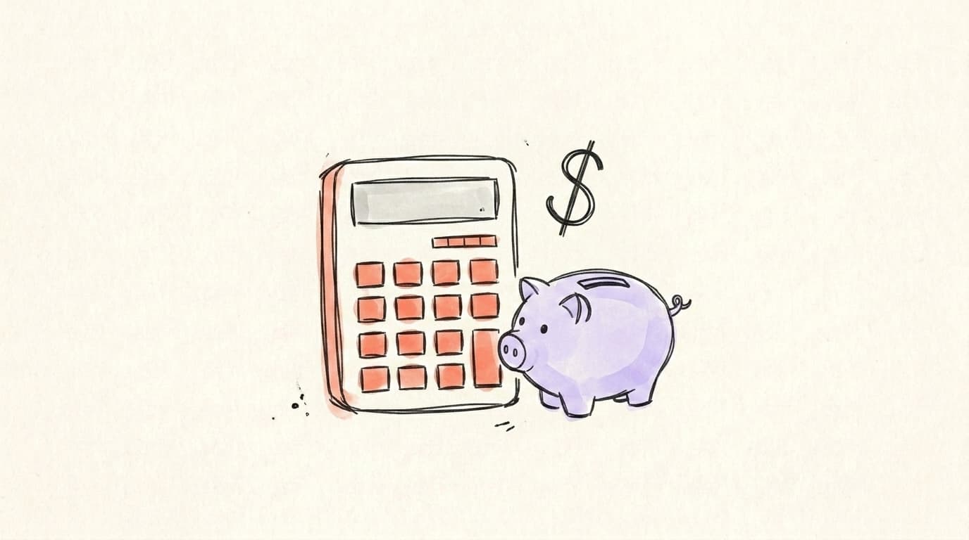 A hand-drawn calculator with salmon-coral buttons next to a lavender piggy bank and a floating dollar sign, representing the creator payout math
