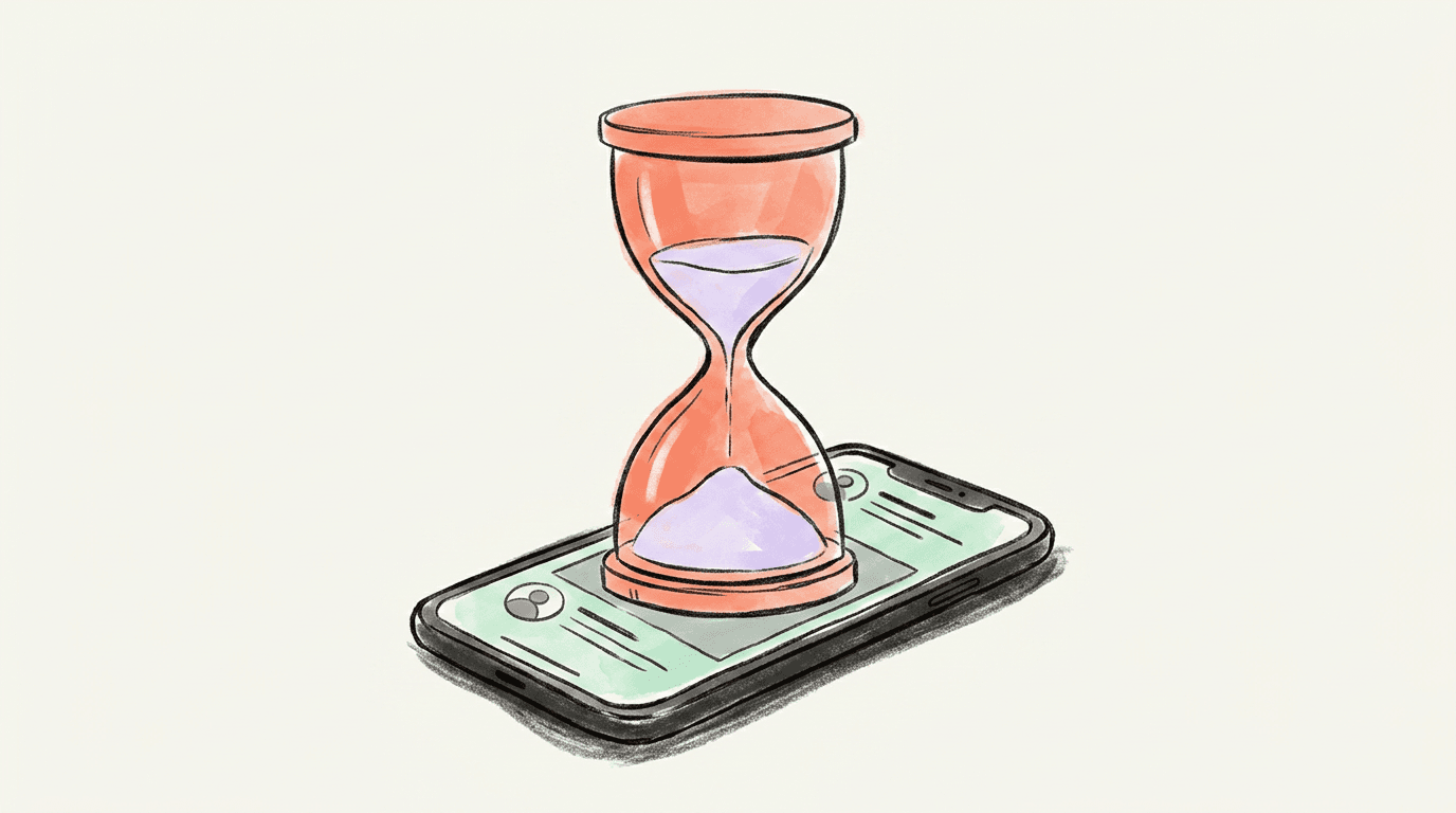 An hourglass standing on a phone screen where the feed has stopped mid-scroll