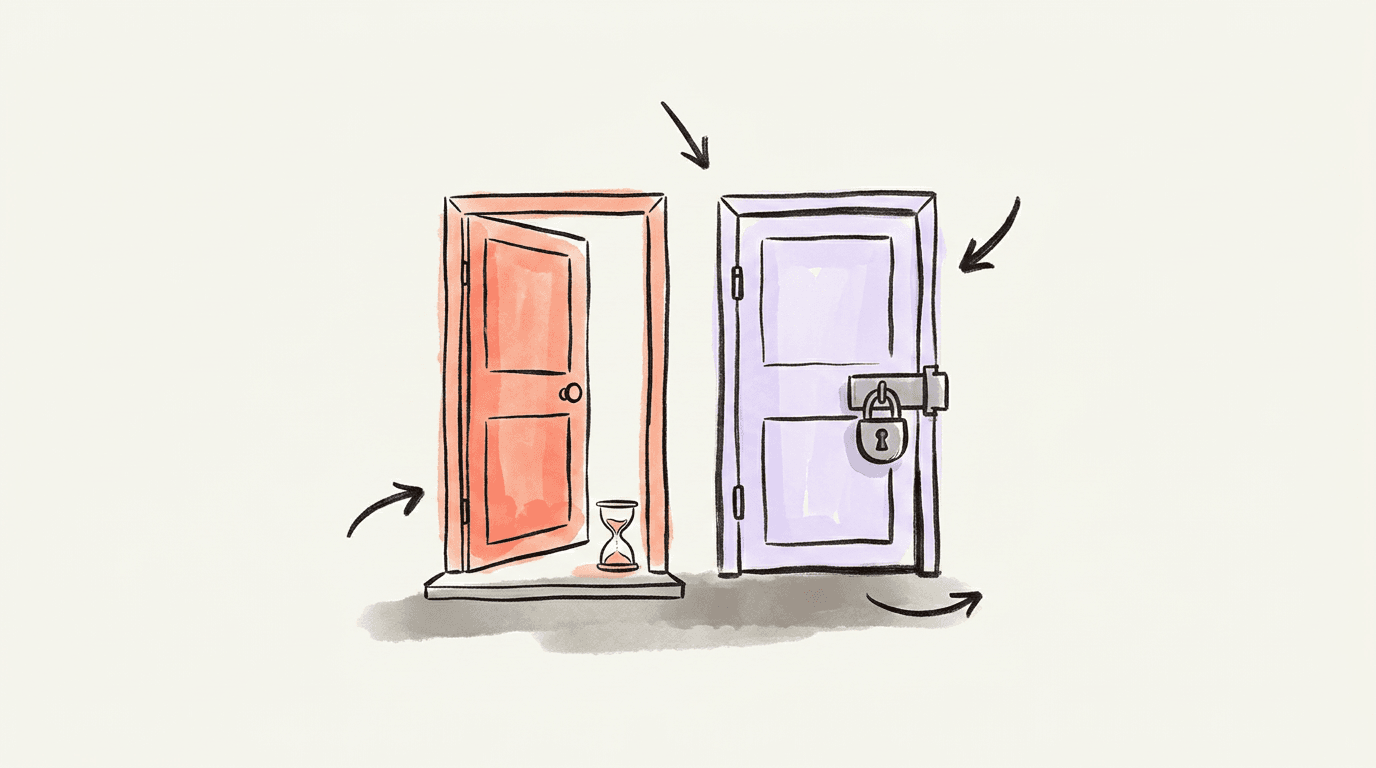 A wide-open door with an hourglass on its threshold beside a door bolted shut with a padlock