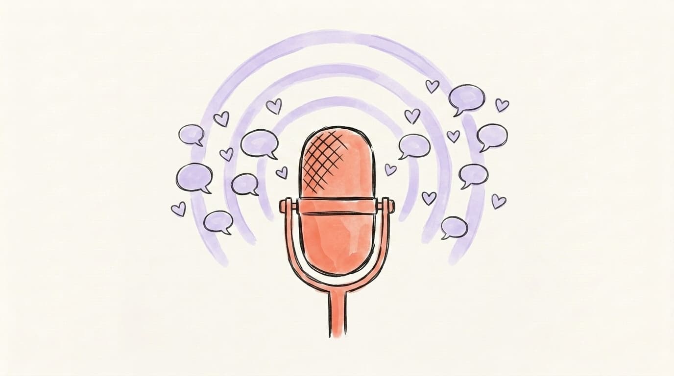 A hand-drawn microphone broadcasting sound waves that attract speech bubbles and follower hearts, representing growing an X account with Spaces