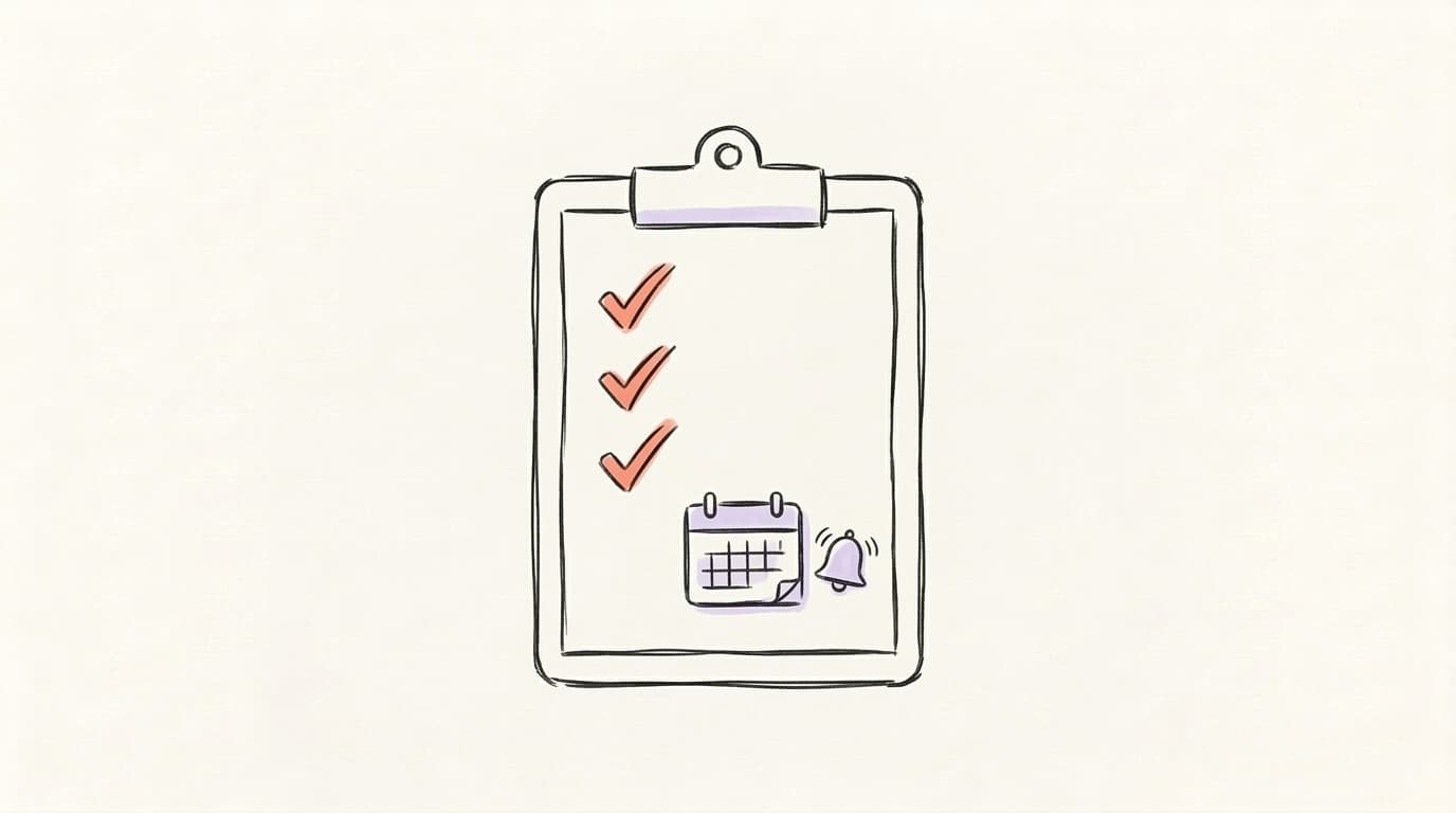 A pre-Space checklist on a clipboard with a calendar and notification bell, representing planning and promoting a scheduled live audio event