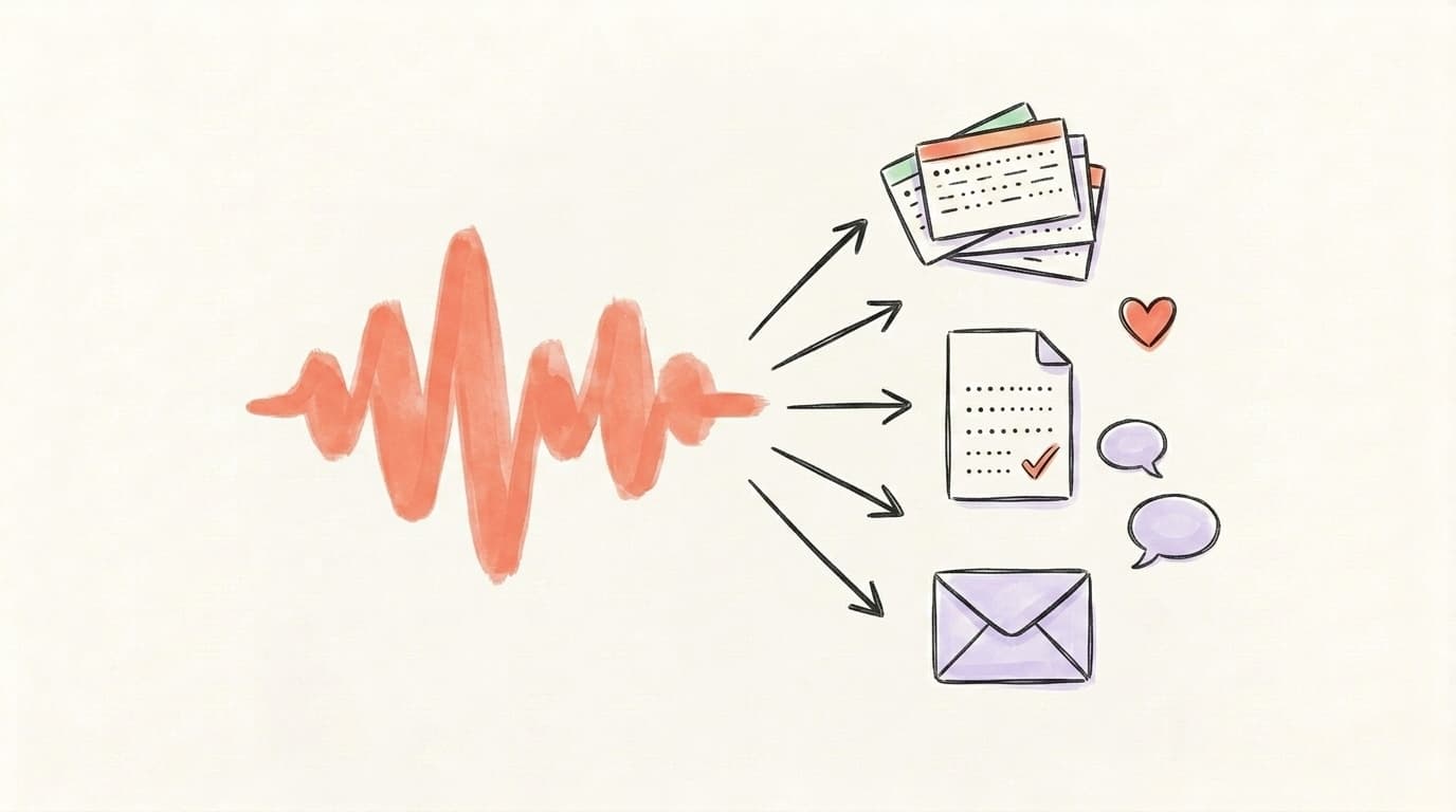One audio waveform branching into stacked posts, a document, and a newsletter envelope, representing repurposing a Space recording into many pieces of content