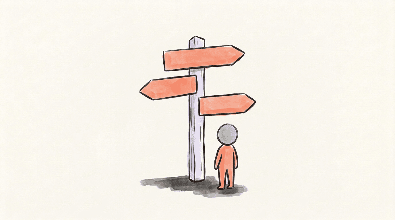 A signpost with three arrows pointing different ways beside a small figure, standing for choosing a server