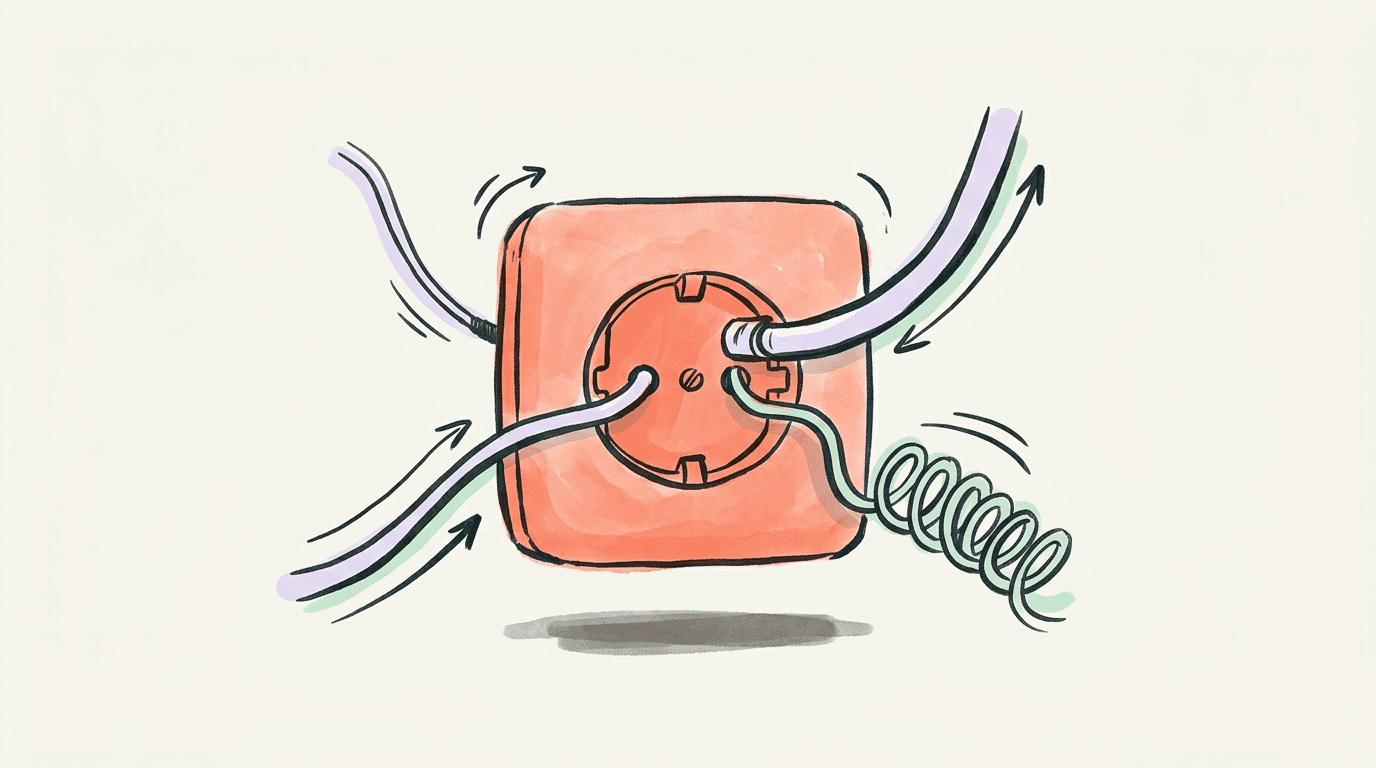 A central coral plug socket with three different cables running into it, standing for three kinds of server connecting an AI app to one account
