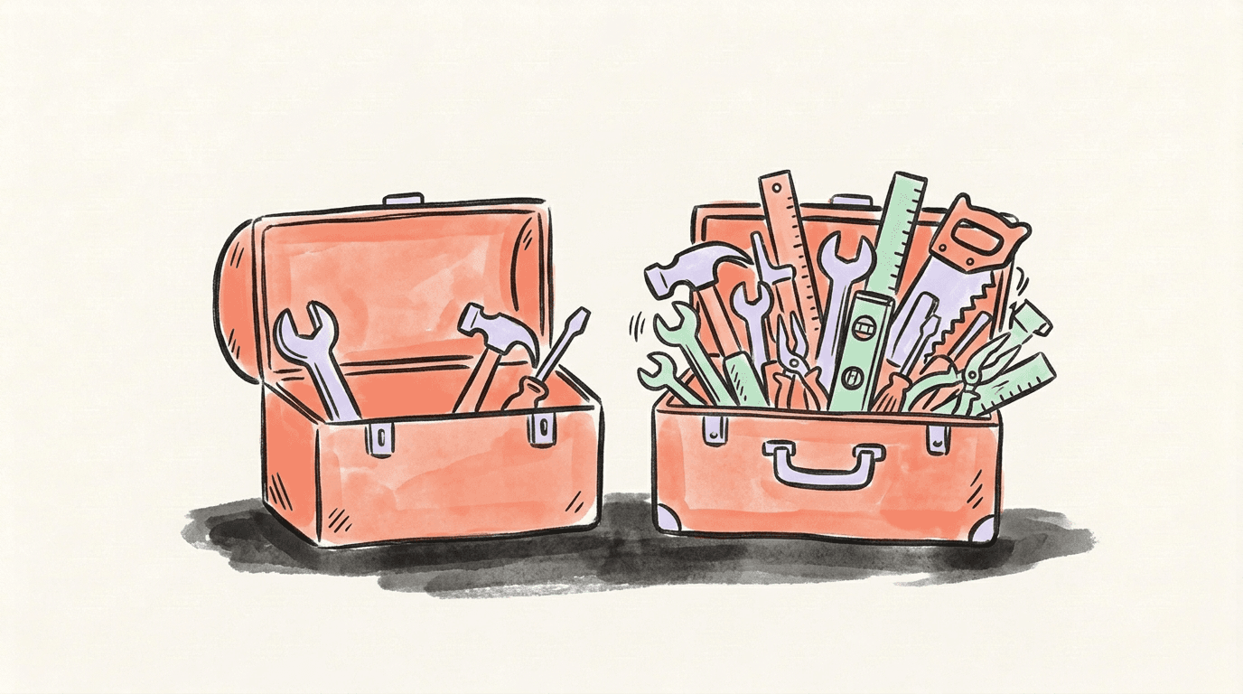 Two open toolboxes side by side, one holding a few simple tools and the other packed full, standing for small and large open-source server projects