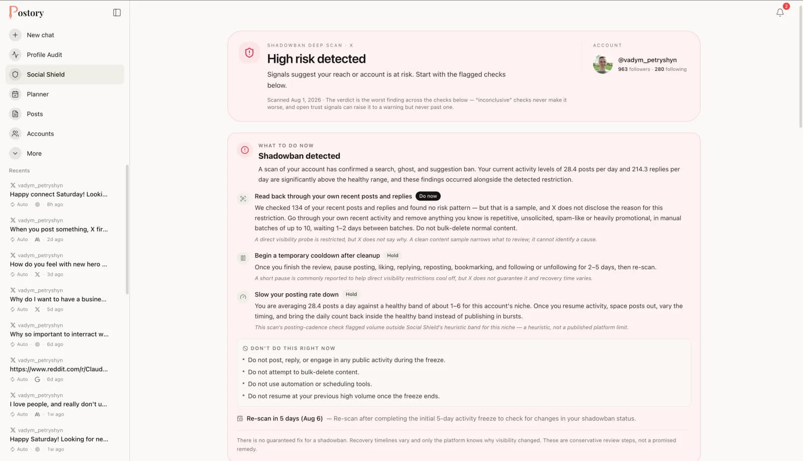 A report flagging a shadowban as high risk, with the steps to take right now and what not to do