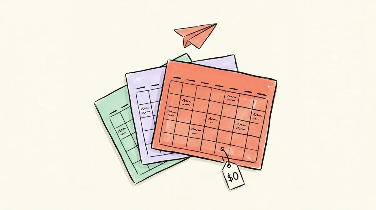 A stack of hand-drawn calendars with a $0 price tag and a paper airplane floating above