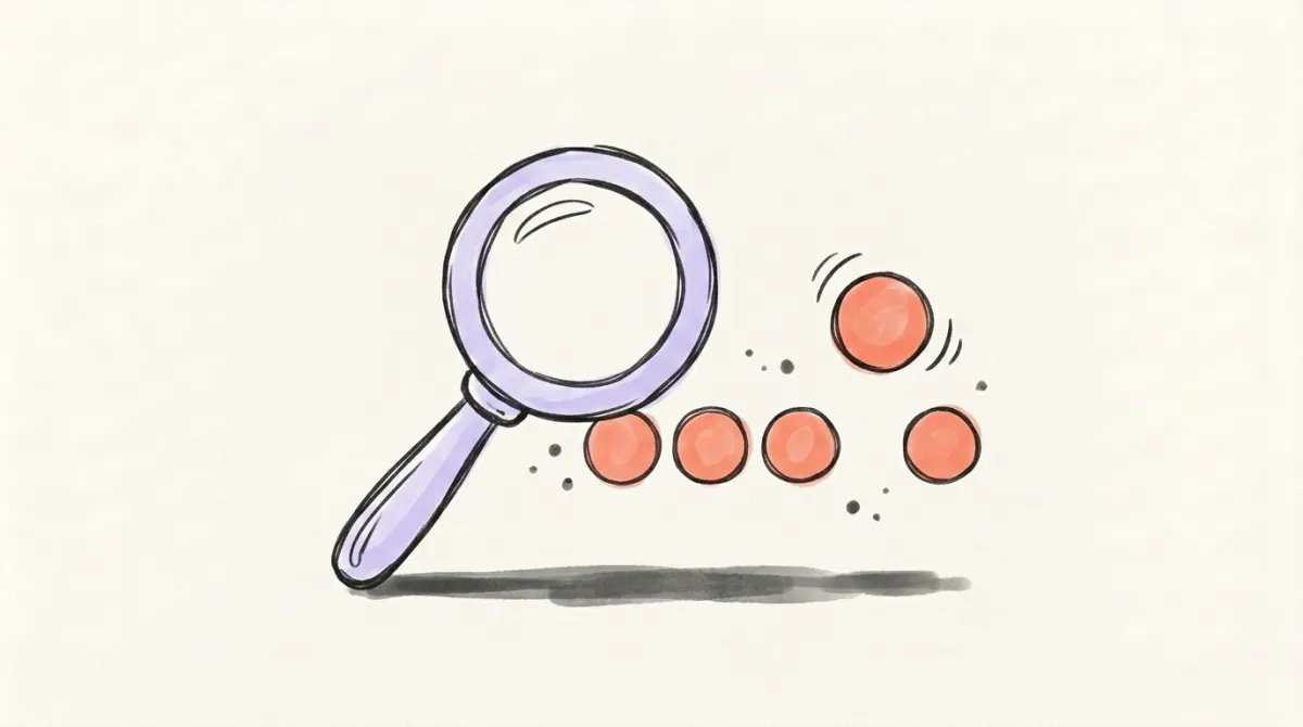 A lavender magnifying glass beside a row of coral circles, one circle lifted out of the row and set apart