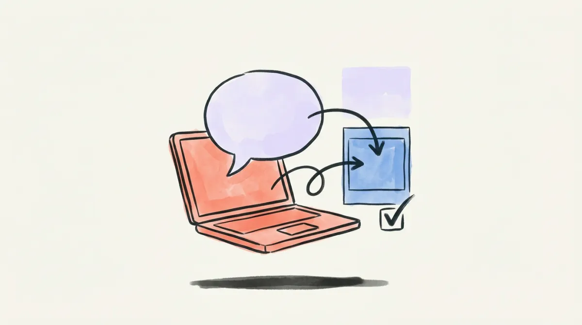 Hand-drawn blue social post card connected to a laptop conversation