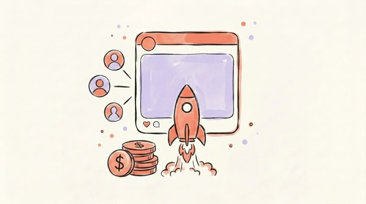 A LinkedIn post being lifted by a small rocket next to a stack of dollar coins