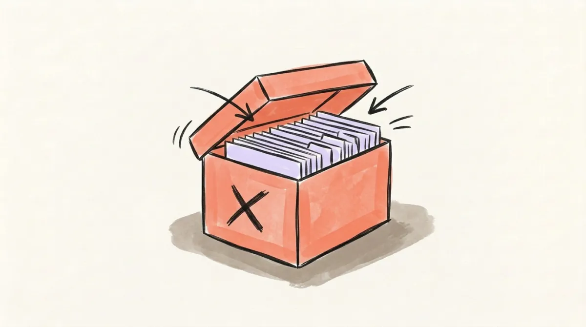 A coral archive box with its lid lifted, rows of lavender file cards inside and a hand-drawn X on its front