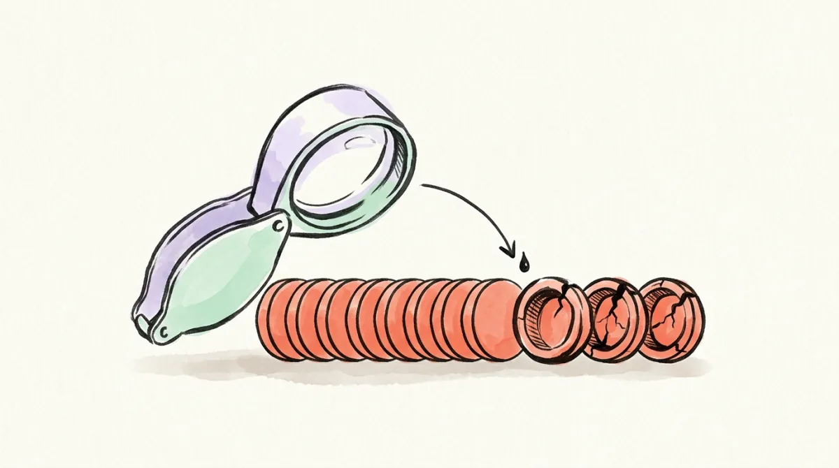 A lavender and mint jeweller's loupe angled over a row of stacked coral discs, the last three hollow and cracked
