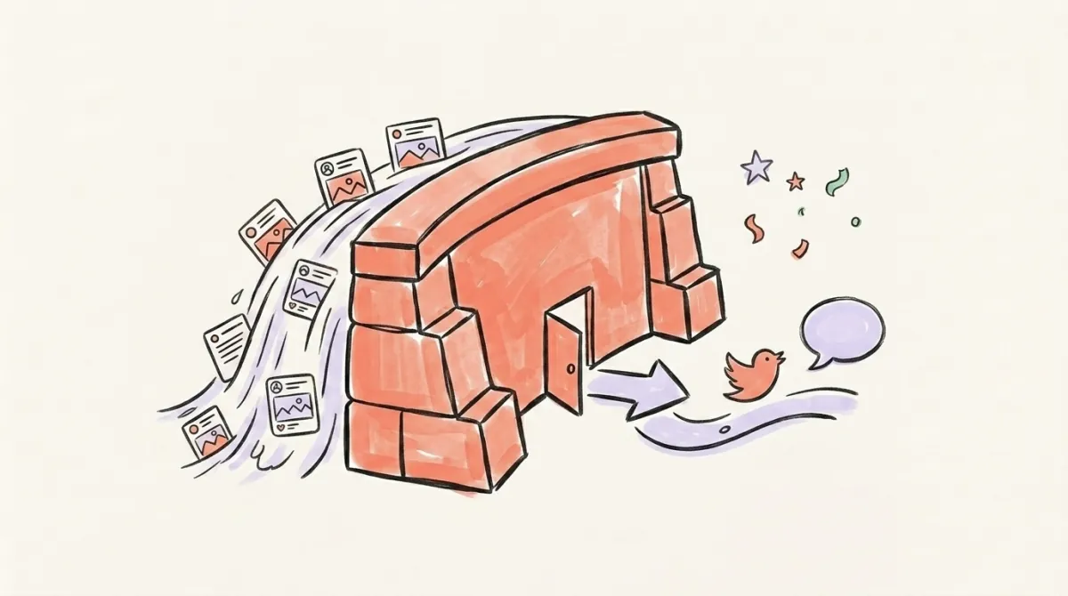 Hand-drawn illustration of a buffer wall with a door opening to an alternative path with social media icons