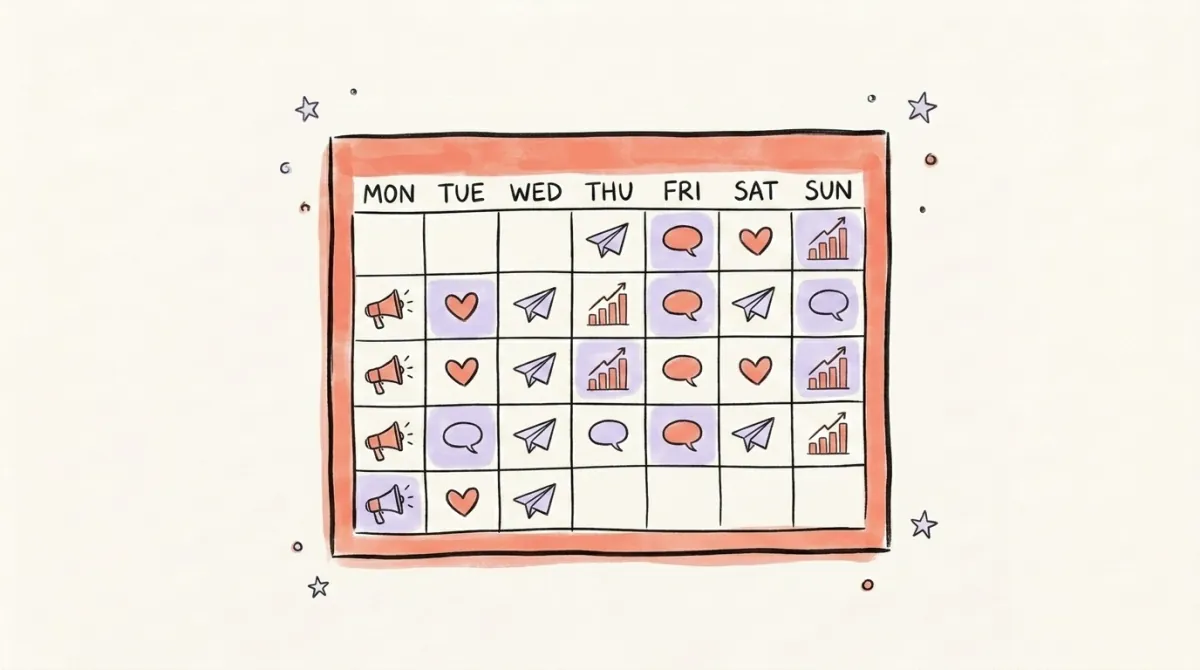 A hand-drawn weekly calendar filled with social media icons representing a varied posting cadence