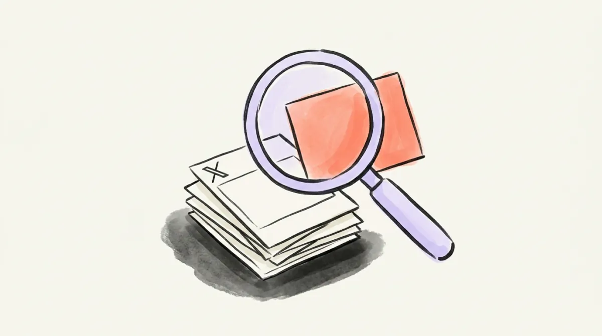 A lavender magnifying glass over a stack of blank post cards marked with an X, one coral card lifted out under the lens