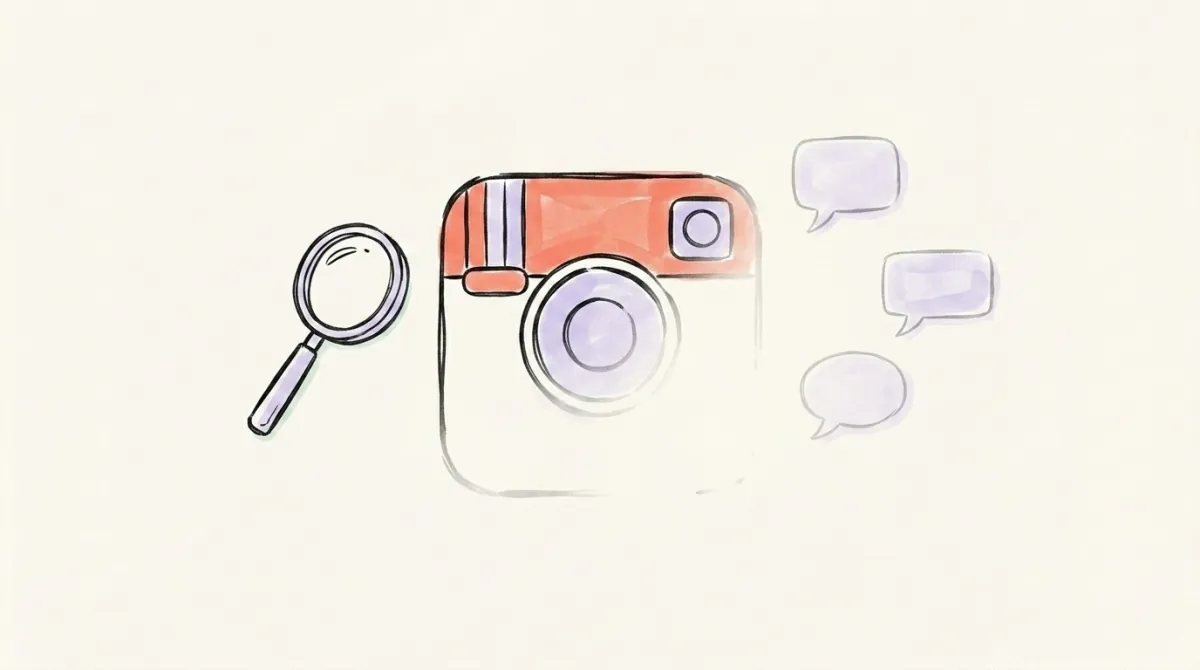 A hand-drawn illustration of an Instagram camera fading into the background with a magnifying glass nearby, symbolizing hidden or shadowbanned content
