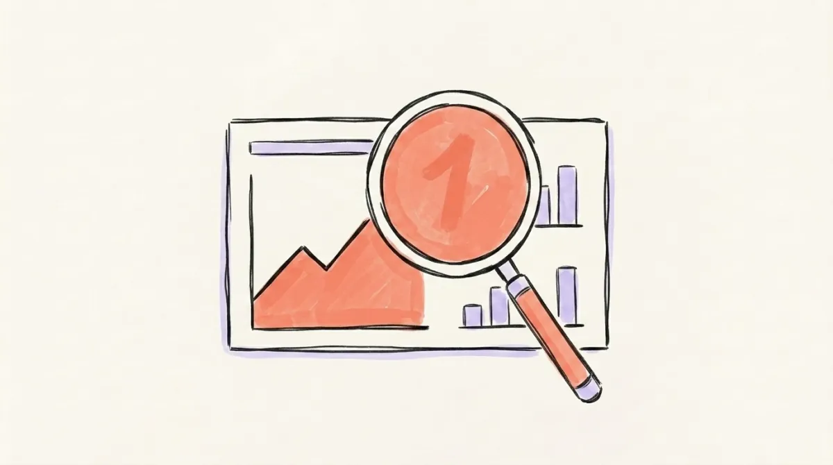 Hand-drawn LinkedIn analytics dashboard with a magnifying glass highlighting one key metric