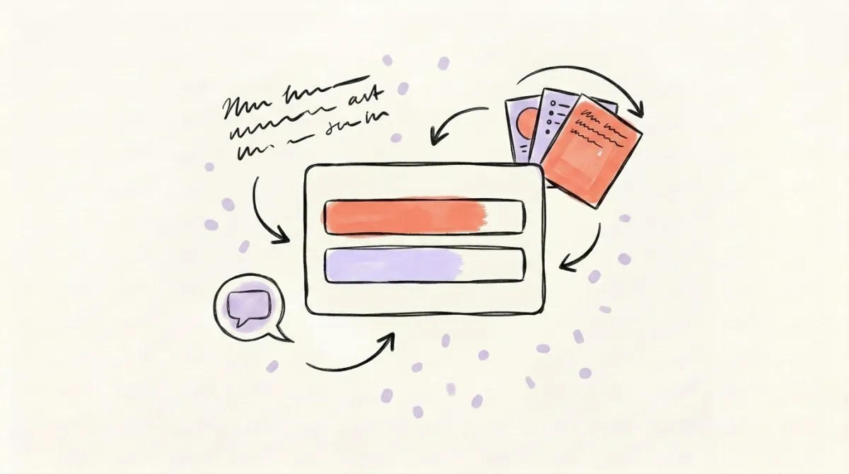Hand-drawn illustration of a LinkedIn poll card with two answer bars, surrounded by a speech bubble, a carousel of cards, and a text post, representing a balanced LinkedIn content strategy