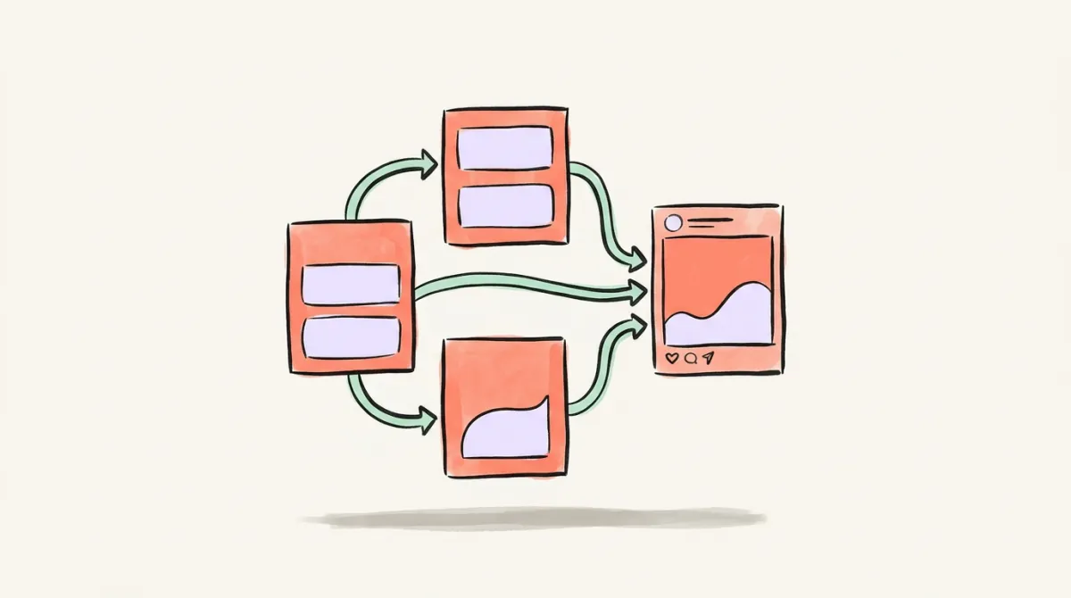 Three workflow cards send data to a social post card