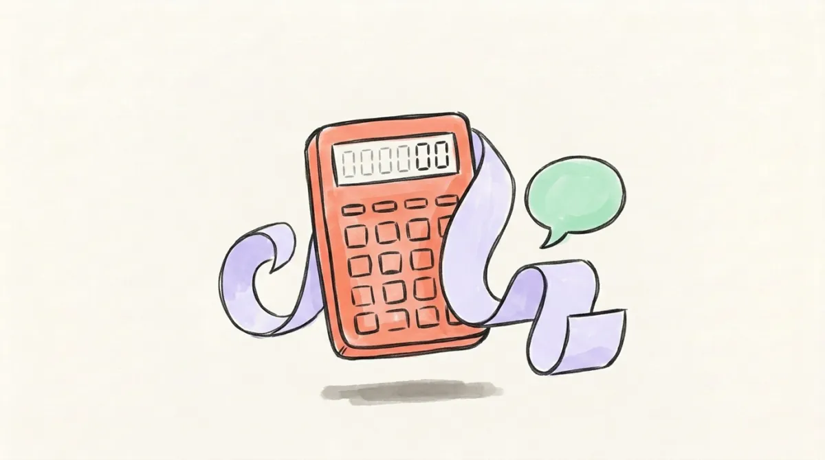 A hand-drawn pocket calculator with a long curl of paper tape looping around it and a small green speech bubble floating alongside