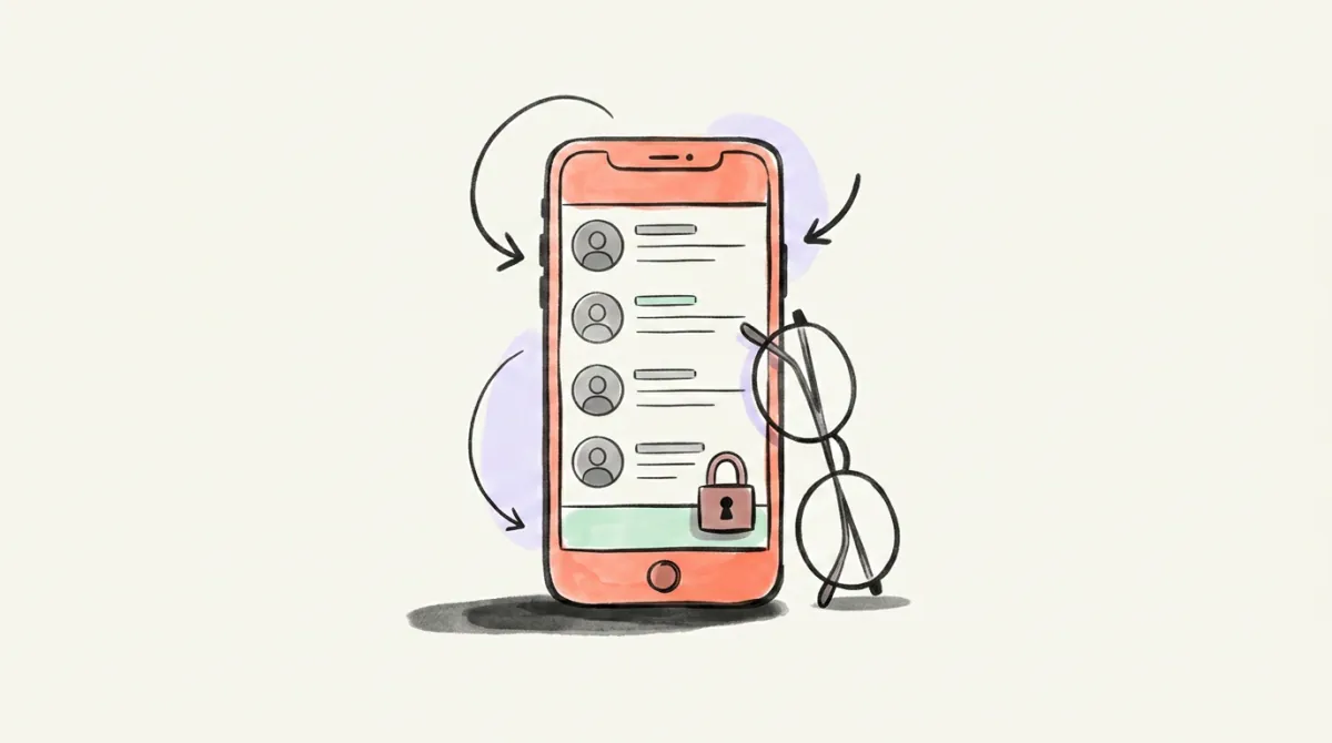 Hand-drawn illustration of a phone whose feed still scrolls, with a padlock over the compose button and reading glasses beside it