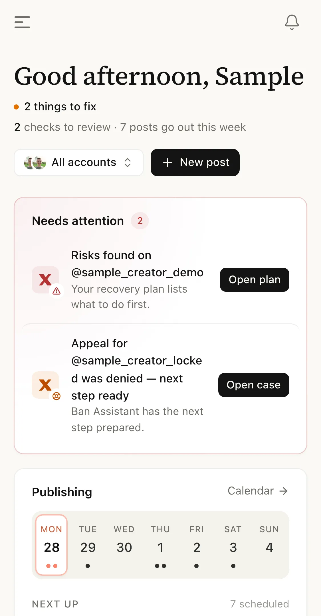 The Postory dashboard with sample data: what needs attention, this week's publishing calendar and account health